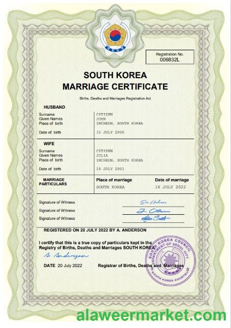 South Korea marriage certificate Word and PDF template